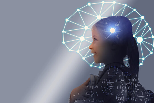 Studying science. Double exposure of child, brain and illustrations related to mathematics. Talented girl on grey background