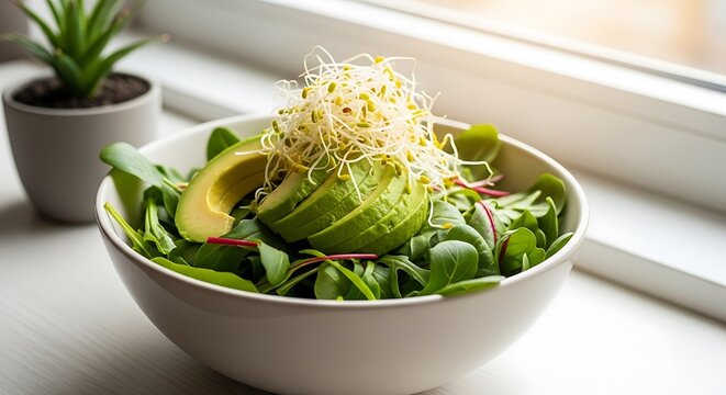 Healthy avocado salad with sprouts and mixed greens indoors