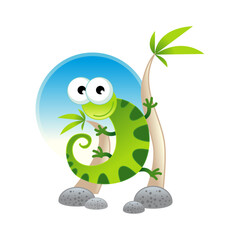 Cute green chameleon cartoon character with big eyes clinging to a palm tree on a tropical island