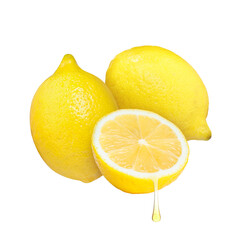 Fresh lemons on white background. Drop of juice dripping from citrus fruit
