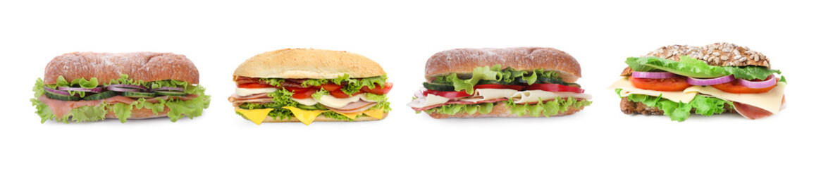 Set with delicious sandwiches of ciabatta on white background