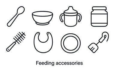 Collection of baby feeding accessories illustrations on dark background
