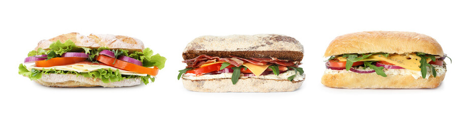 Set with delicious sandwiches of ciabatta on white background