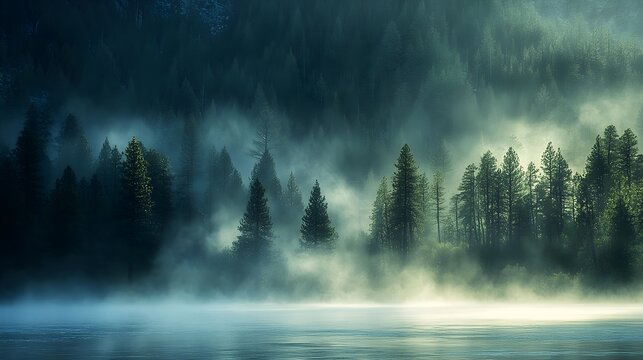 Misty forest lake at dawn with fog over water and evergreen trees