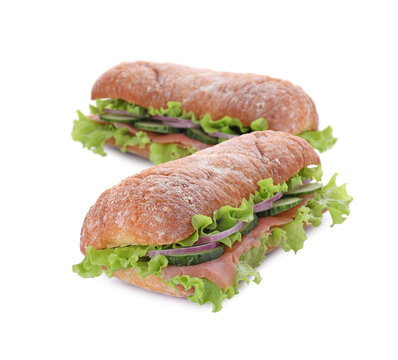 Delicious sandwiches of ciabatta on white background