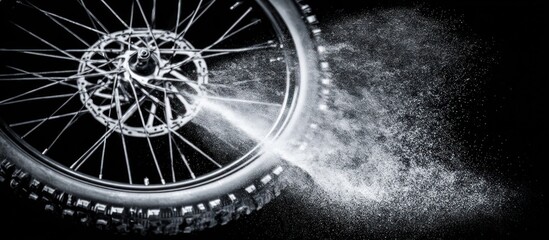 Close-up of a bicycle wheel with a disc brake and spokes, with a cloud of dust or water spraying from the tire.