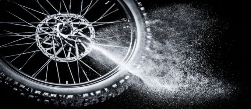 Close-up of a bicycle wheel with a disc brake and spokes, with a cloud of dust or water spraying from the tire.