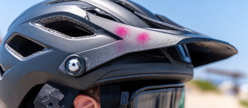 Close-up of a black mountain bike helmet with pink accents. - Powered by Adobe