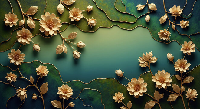 3D floral wallpaper with delicate golden flowers luxurious background. 3D Wall Mural. floral landscapes. 3d floral art