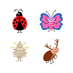 Adorable collection of illustrated cartoon insect characters featuring a ladybug and butterfly