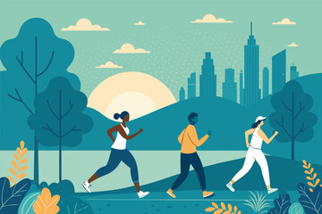 Diverse individuals engage in dynamic workouts amidst a vibrant urban backdrop, showcasing healthy lifestyles and active living.