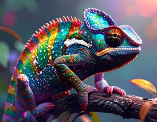 Camaleonte arcobaleno elegante e carino alta definizione 4k, luci morbide