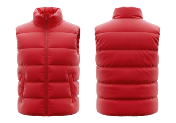 Empty Vibrant Red Padded Sleeveless Jacket Template for Apparel Branding, Cut Out, Clipping Path, Isolated on a Transparent PNG Background.