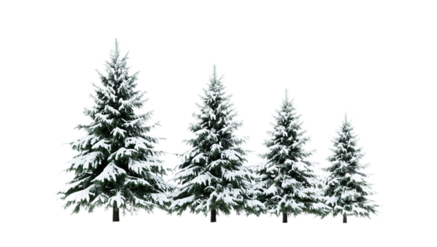 A realistic display of five snow-covered evergreen trees, varying in size, isolated on a white background, perfect for winter holiday designs and natural seasonal compositions