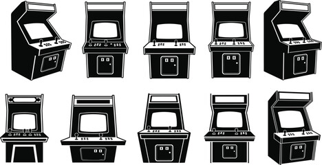 Vintage arcade machine vector set, retro gaming cabinet illustrations, black and white game console icons, joystick and button panel designs