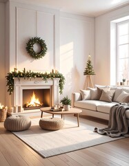 Fototapeta premium A cozy minimalist living room decorated for Christmas with a warm fireplace, glowing lights, a Christmas tree, and neatly wrapped gifts.