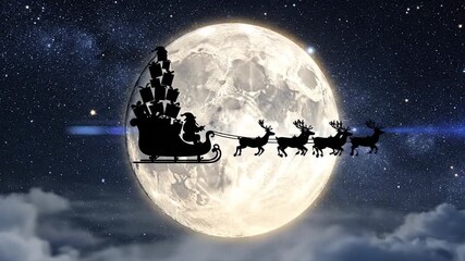 Magical Santa sleigh with reindeer soaring across a luminous full moon and starry night sky, bringing holiday cheer - Powered by Adobe