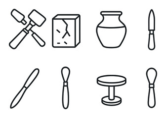 Blacksmith tools and pottery icons on black background