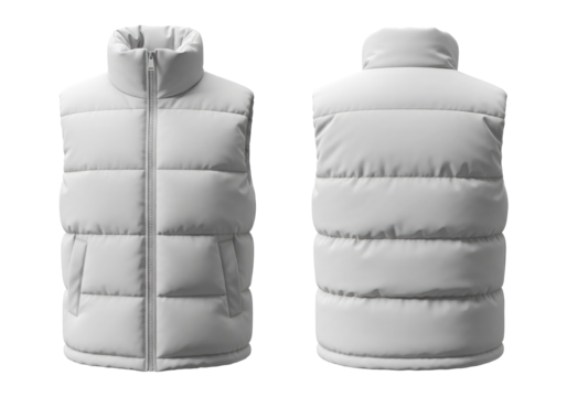 Empty Pure White Padded Sleeveless Jacket Template for Apparel Branding, Cut Out, Clipping Path, Isolated on a Transparent PNG Background.