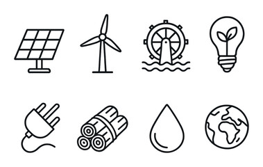 Eco-friendly technology icons featuring solar, wind, water, and renewable energy symbols