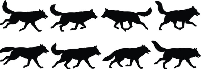 Wolf silhouette vector set, walking and running poses, black animal motion icons, editable clipart bundle, wildlife movement study, animation reference design