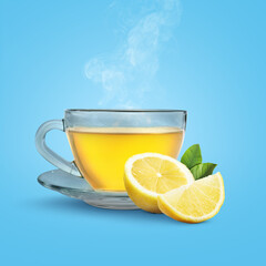 Hot lemon beverage in glass cup and fresh citrus fruit on light blue background. Immunity boosting drink for cold season