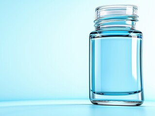 A clear glass bottle with a threaded neck is filled with a vibrant blue liquid, set against a soft, gradient blue background.