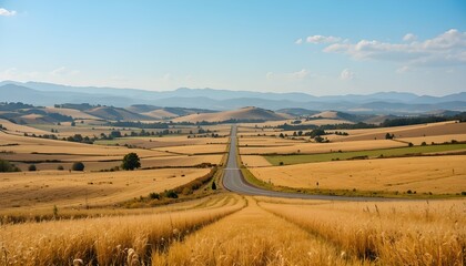 Obraz premium Roads that lead to a variety of undulating hills and cut through the countryside and golden fields