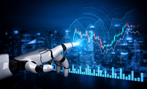 A robotic hand points at a dynamic financial chart, showcasing advanced trading technology in a futuristic cityscape, highlighting innovation in finance. Scalp