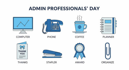 Eight blue and gray icons related to office work for Admin Professionals Day
