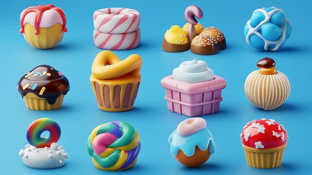 Animated 3d cartoon sweets and candy desserts