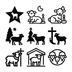 Collection of christian and nativity themed sheep icons and symbols