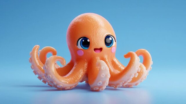 A cute orange cartoon octopus with big eyes and a happy expression on a blue background.