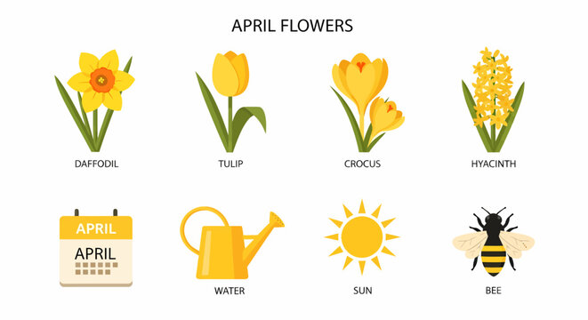 Illustration featuring four yellow spring flowers a calendar watering can sun and bee - Powered by Adobe