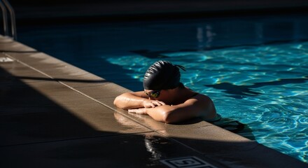 Swimmer Resting After Training in Swimming Pool Under Sunlight