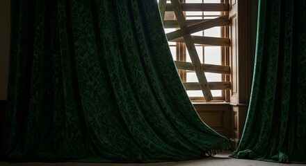 Sunlight streams through a partially open window, illuminating a room with dark green curtains that are pulled back, revealing a wooden shutter and a glimpse of the outside