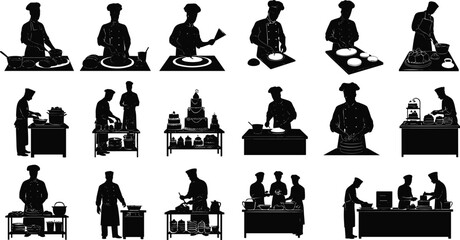 chef, kitchen, cooking, silhouette, culinary, food, teamwork, preparation, chopping, baking, stirring, plating, professional, cuisine, restaurant