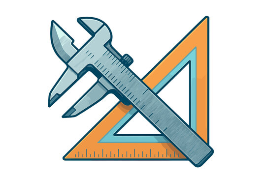 Caliper and triangular ruler crossed for technical drawing and precision measurement