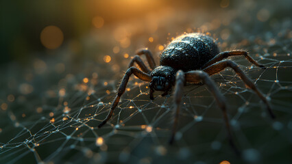 Macro shot of spider web. Ultra realistic design inspiration. Digital networks in nature. Captivating close-up photography.