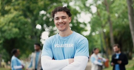 Face, volunteer or man in park with arms crossed for eco project, outreach or nonprofit service. Confident, person outdoor and charity work for sustainability program, social responsibility or bokeh.