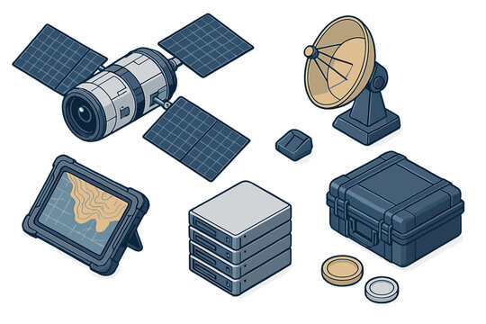 Isometric collection of military and surveillance technology equipment including satellite and rugged data storage