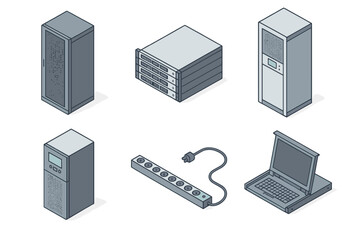Isometric data center equipment, server racks, computer hardware, and networking devices