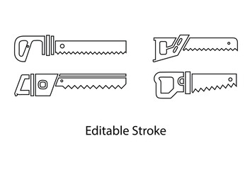 hand saw vector editable stroke icon set, wood cutter vector, carpentry tools line icon vector illustration