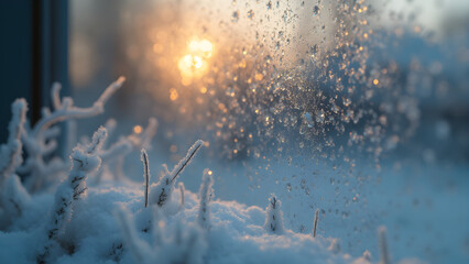 Macro shot of frost on window. Ultra realistic frost patterns. Beautiful winter window frost. Close-up images of ice crystals.