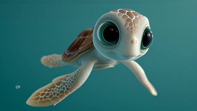 A cute baby sea turtle with big eyes swimming in the ocean, digital art.