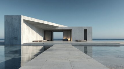 Obraz premium Contemporary concrete villa with infinity pool and ocean view architecture house