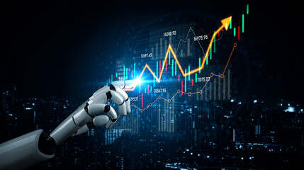 Futuristic robotic hand pointing at a rising financial growth chart against a night cityscape backdrop, highlighting the intersection of technology and finance. Scalp