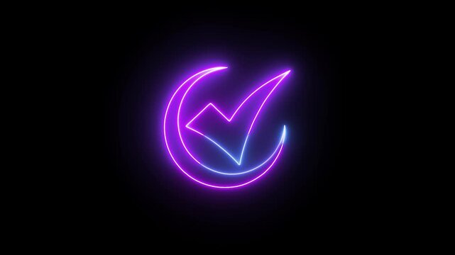 Vibrant neon glowing checkmark within a luminous crescent moon shape on a dark black background, symbolizing completion, approval, and nocturnal success in a sleek digital design