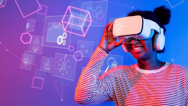 A joyful young woman enjoys virtual reality in a colorful setting, representing the exciting intersection of technology and creativity. Raster - Powered by Adobe