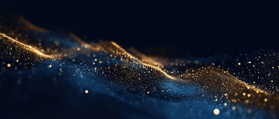 Dark blue abstract background with golden particles and bokeh effects, featuring gold foil texture for Christmas and holiday themes.